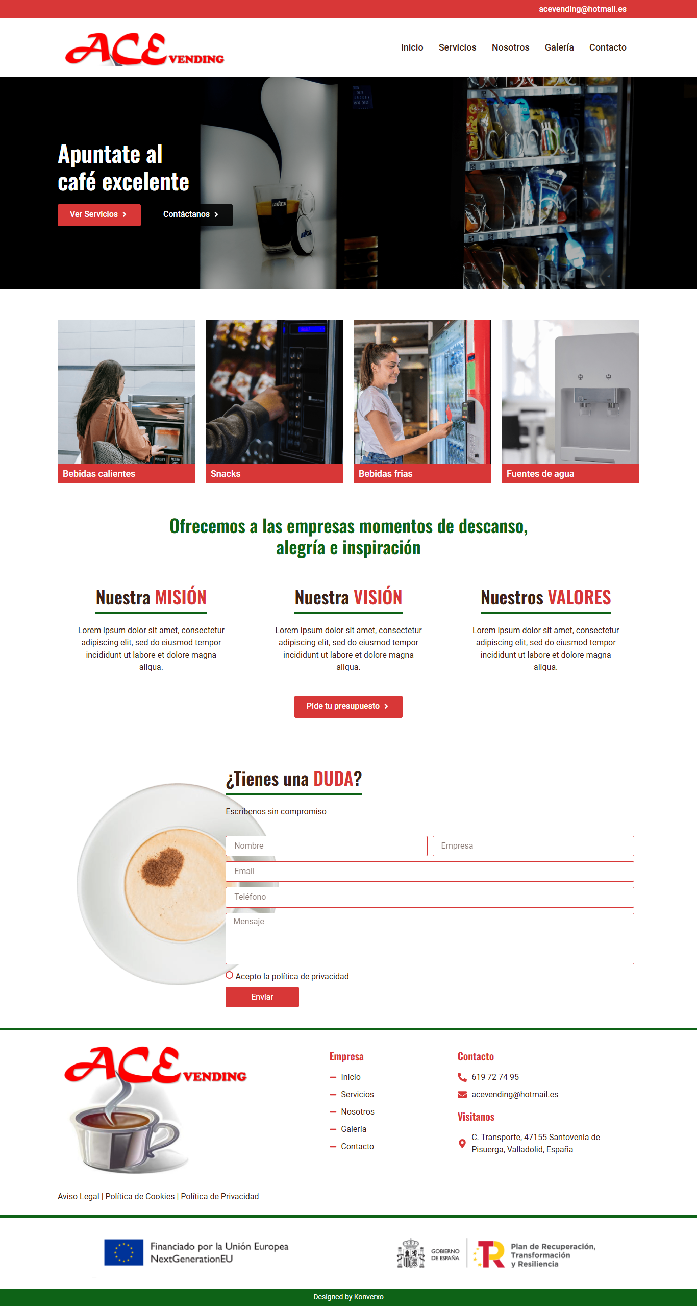 Homepage de la página web Acevending